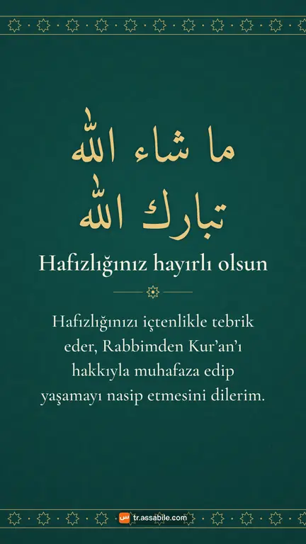Hatim ve hafızlık için “Hafızlığınız hayırlı olsun” tebrik kartı, Zümrüt arka planı, WhatsApp’ta paylaşmak için